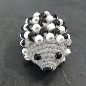 Grey Black & White Beaded Crochet Fidget Hedgehog Toy